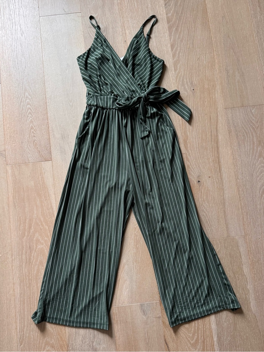 Olive Green Pinstripe Wrap Jumpsuit